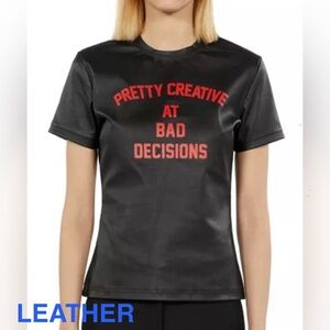 NWT The Kooples LEATHER Graphic Print Tee Sz 0 (XS) Black Red Bad Decisions